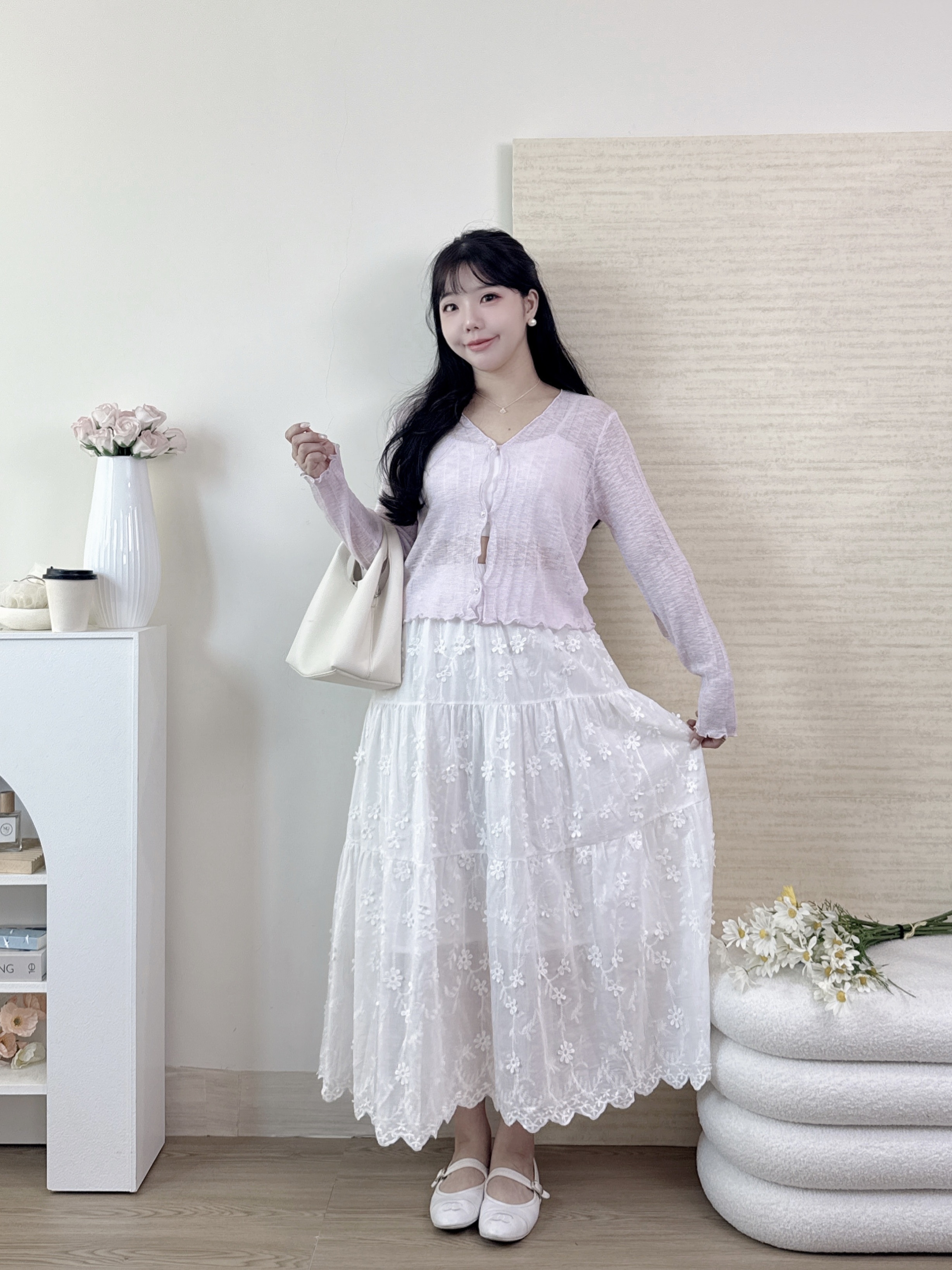 重工小花刺繡鬆緊長裙