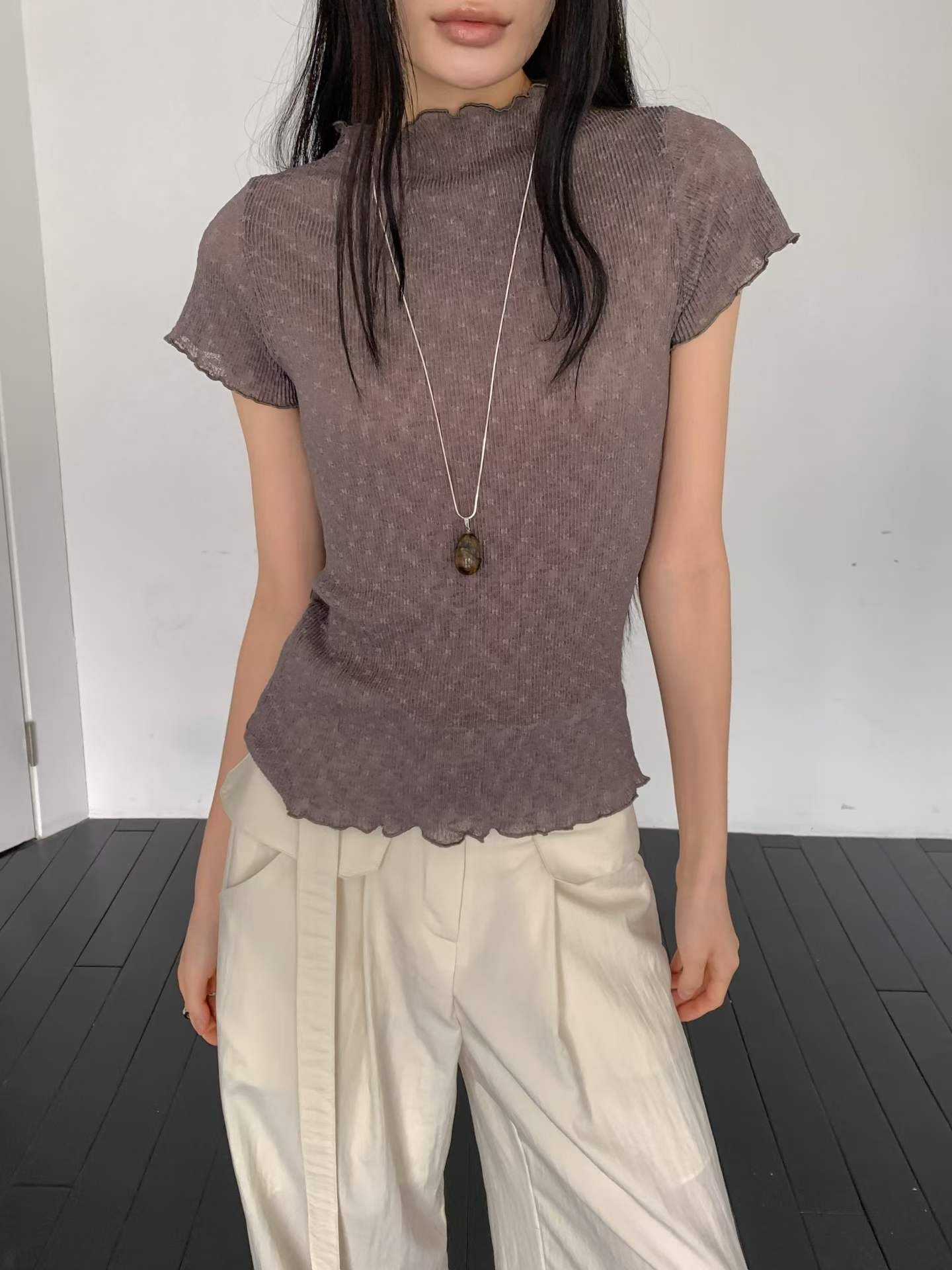 apr6107立領小木耳 蝴蝶結蕾絲透膚編織上衣