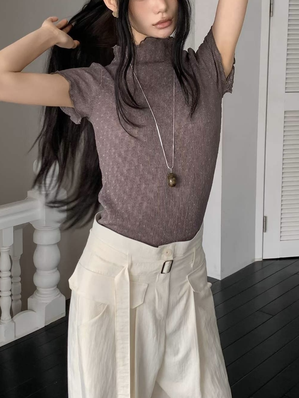 apr6107立領小木耳 蝴蝶結蕾絲透膚編織上衣