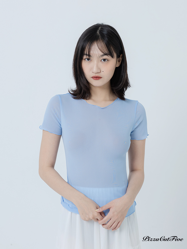 木耳邊網紗透膚短袖上衣 PizzaCutFive PCF262404036