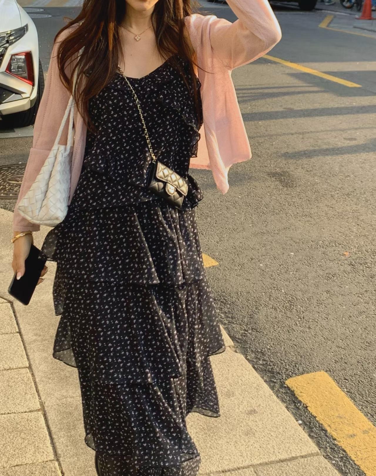 Apr6111浪漫主義 韓系小碎花多層荷葉女神長裙 （韓國布料）