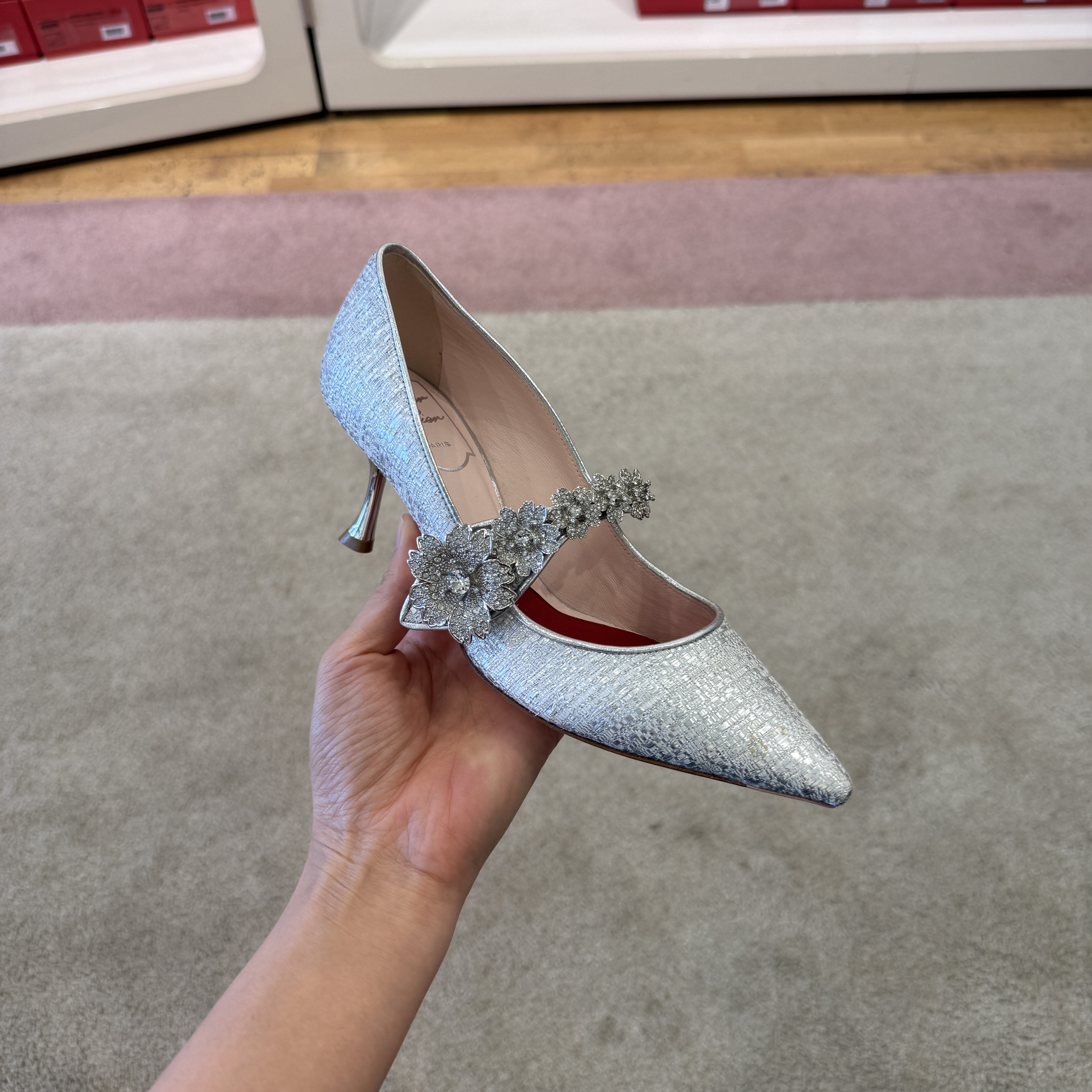 Roger Vivier RV flower strass sling heels silver