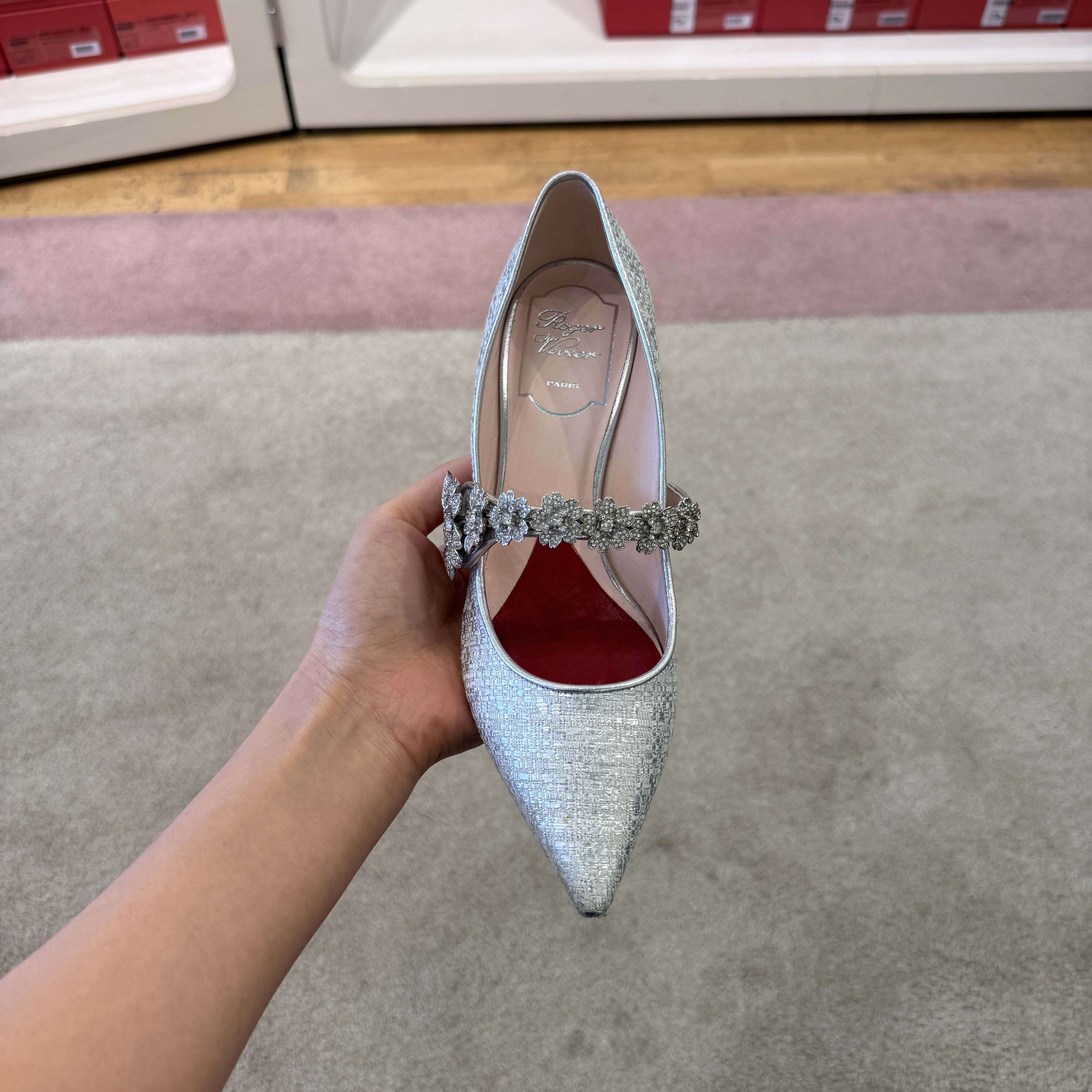 Roger Vivier RV flower strass sling heels silver