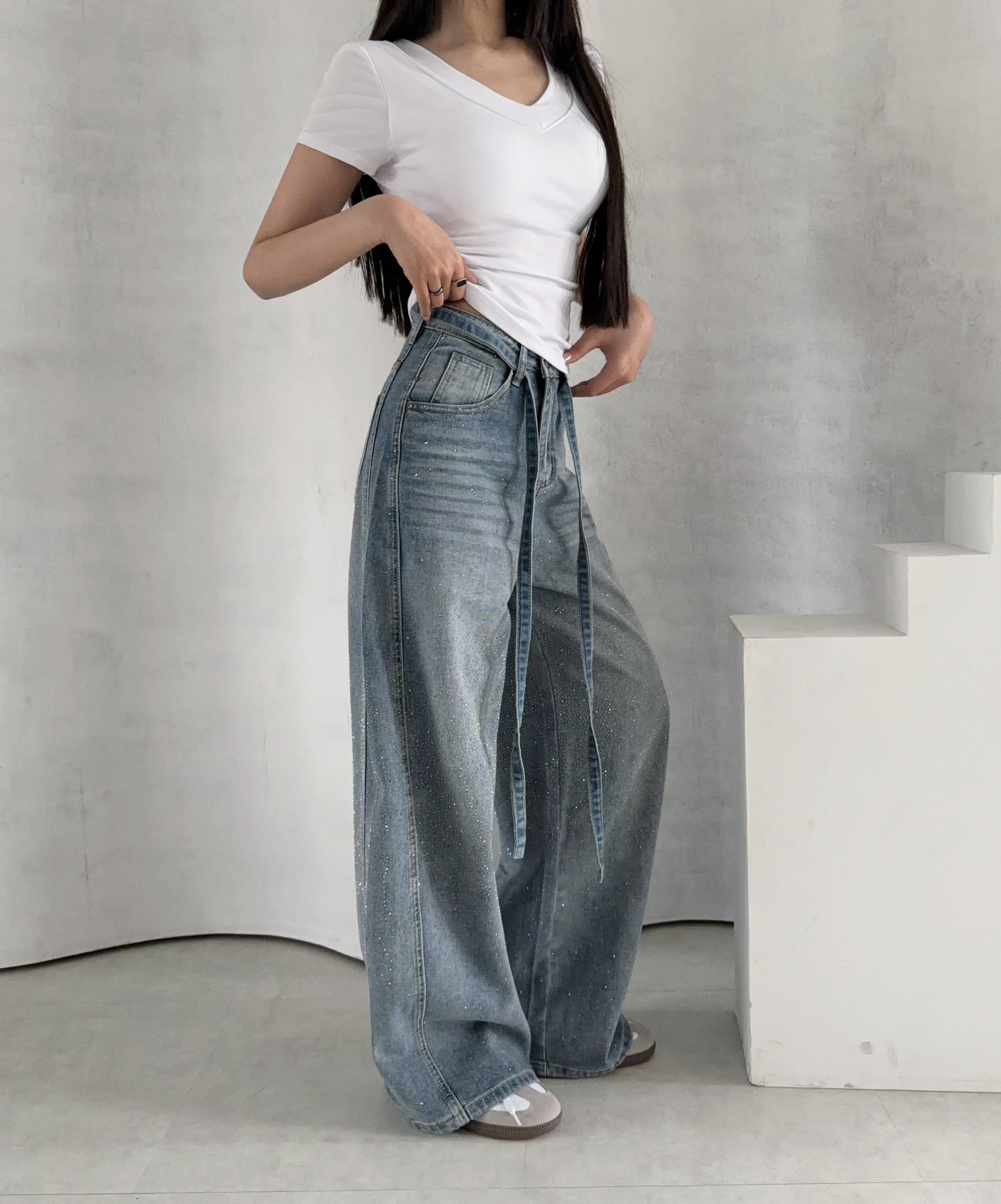 預購 超爆閃！彎刀版燙鑽牛仔褲