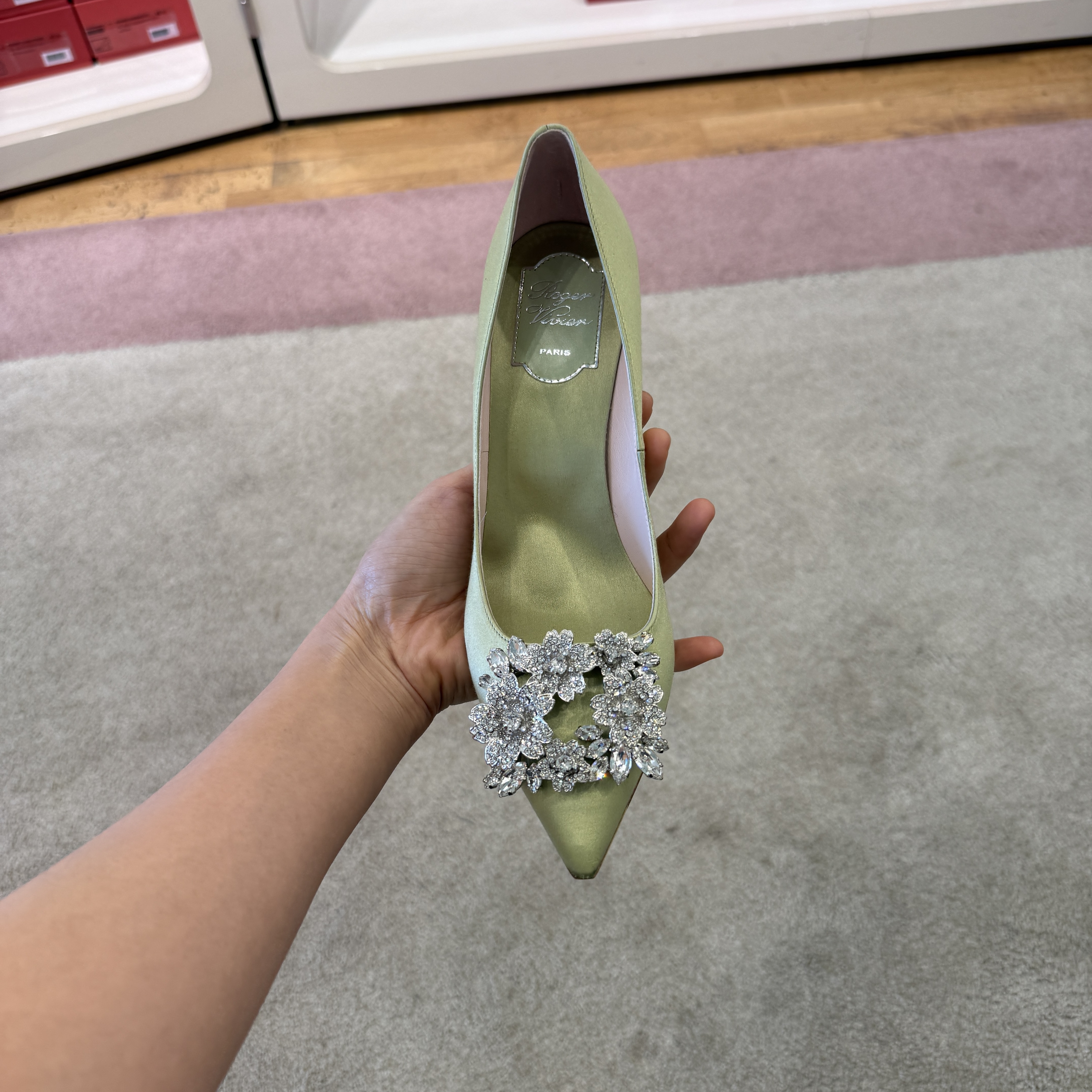 Roger Vivier RV bouquet strass heels satin green