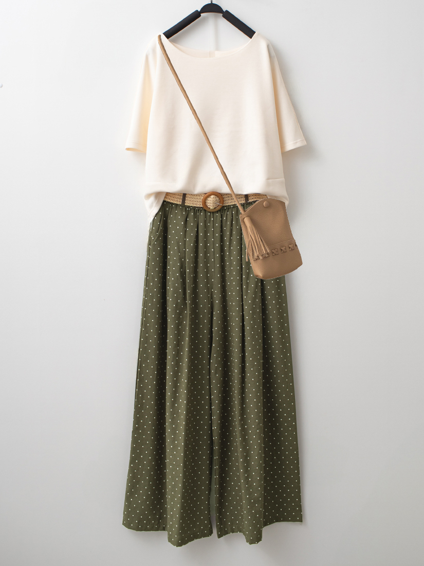 側邊抓褶連袖空氣棉上衣棉麻感點點九分寬褲組合
