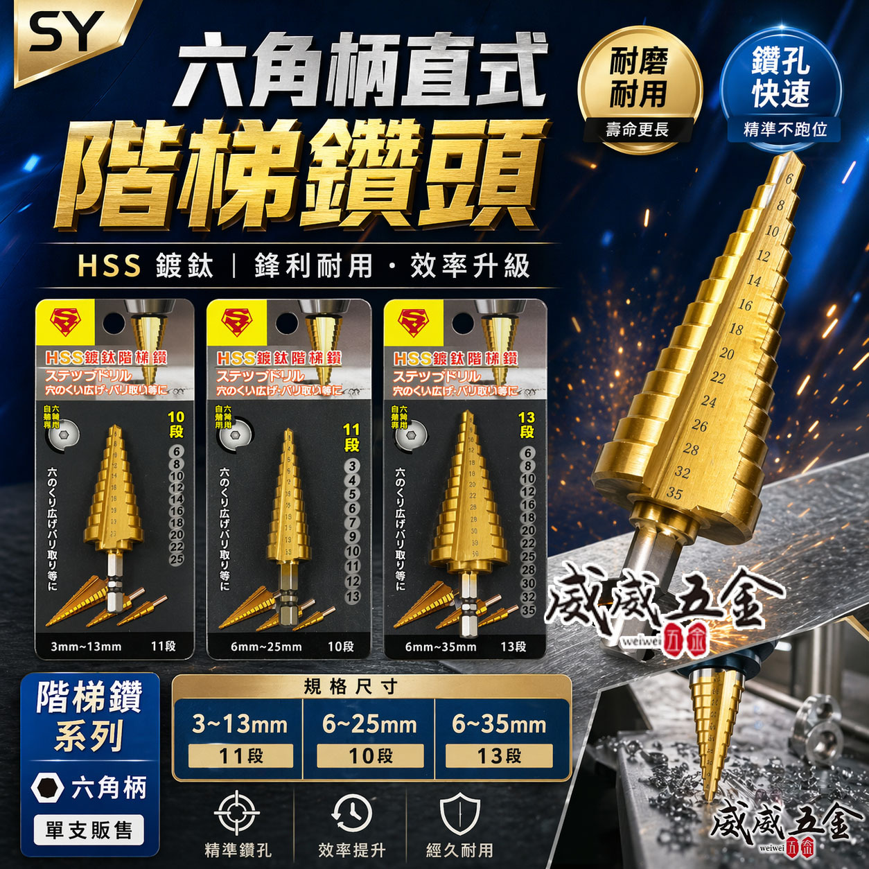 單支｜SY 品牌｜六角軸直式階梯鑽｜HSS 六角柄鍍鈦階梯鑽尾 圓穴鋸 白鐵不鏽鋼用鑽孔器 鐵工木工金屬鑽頭