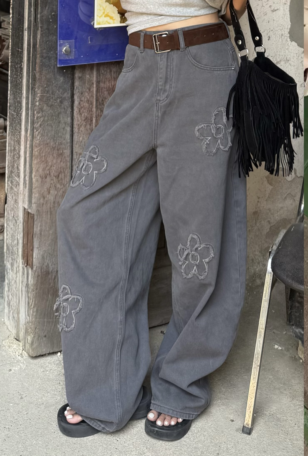 B1658-立體花錐形牛仔褲