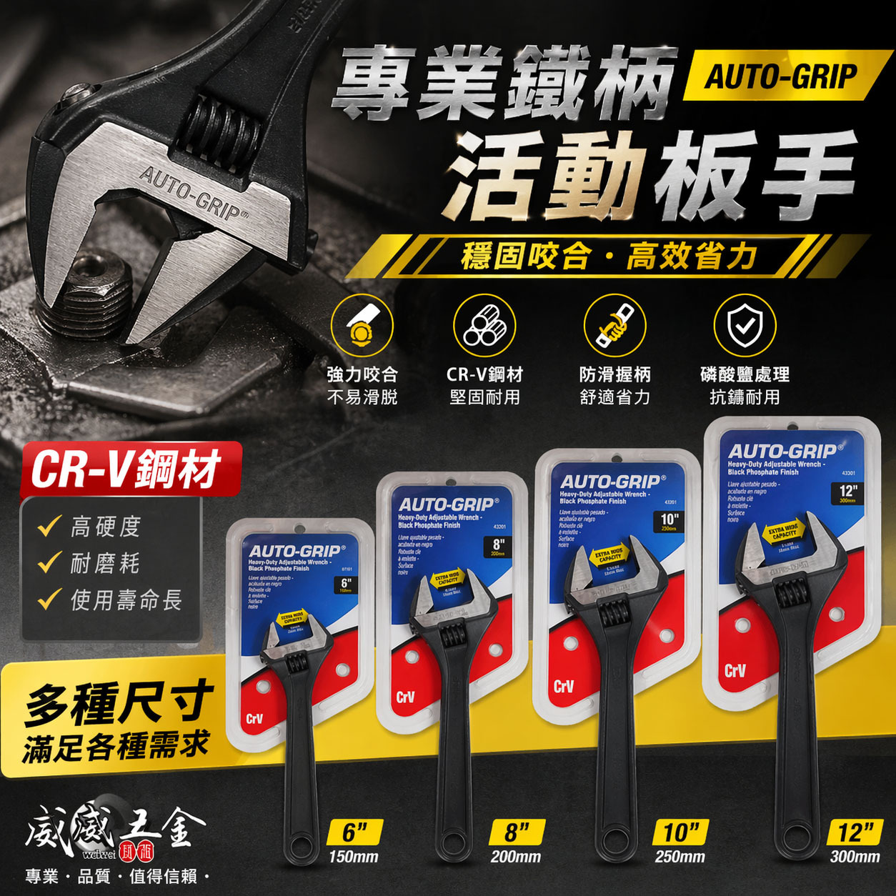 美國 AUTO-GRIP 奧斯登 USA｜6" 8" 10" 12"｜大開口活動扳手 鐵柄活動板手｜黑 銀色隨機出