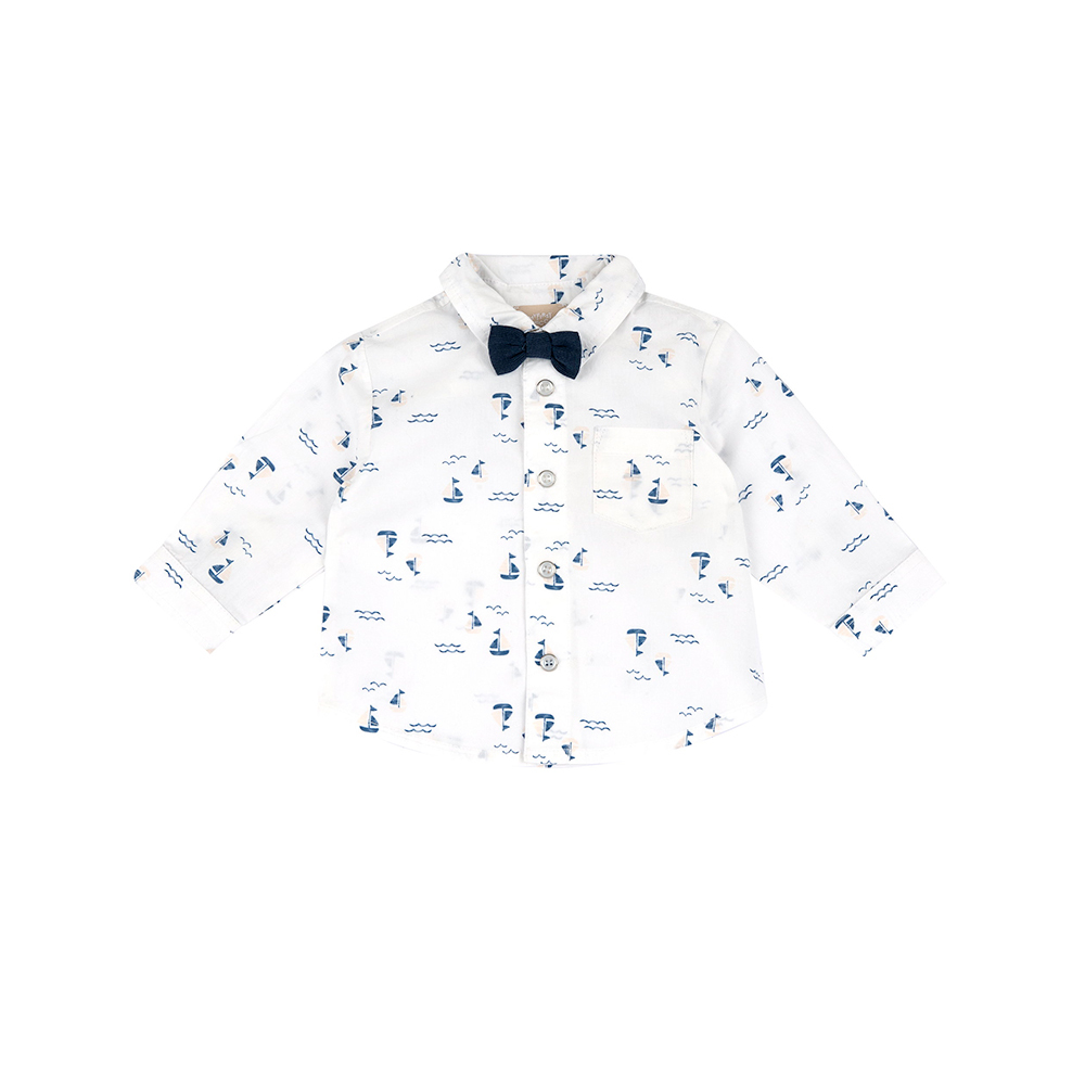 海洋帆船-滿版附領結長袖襯衫