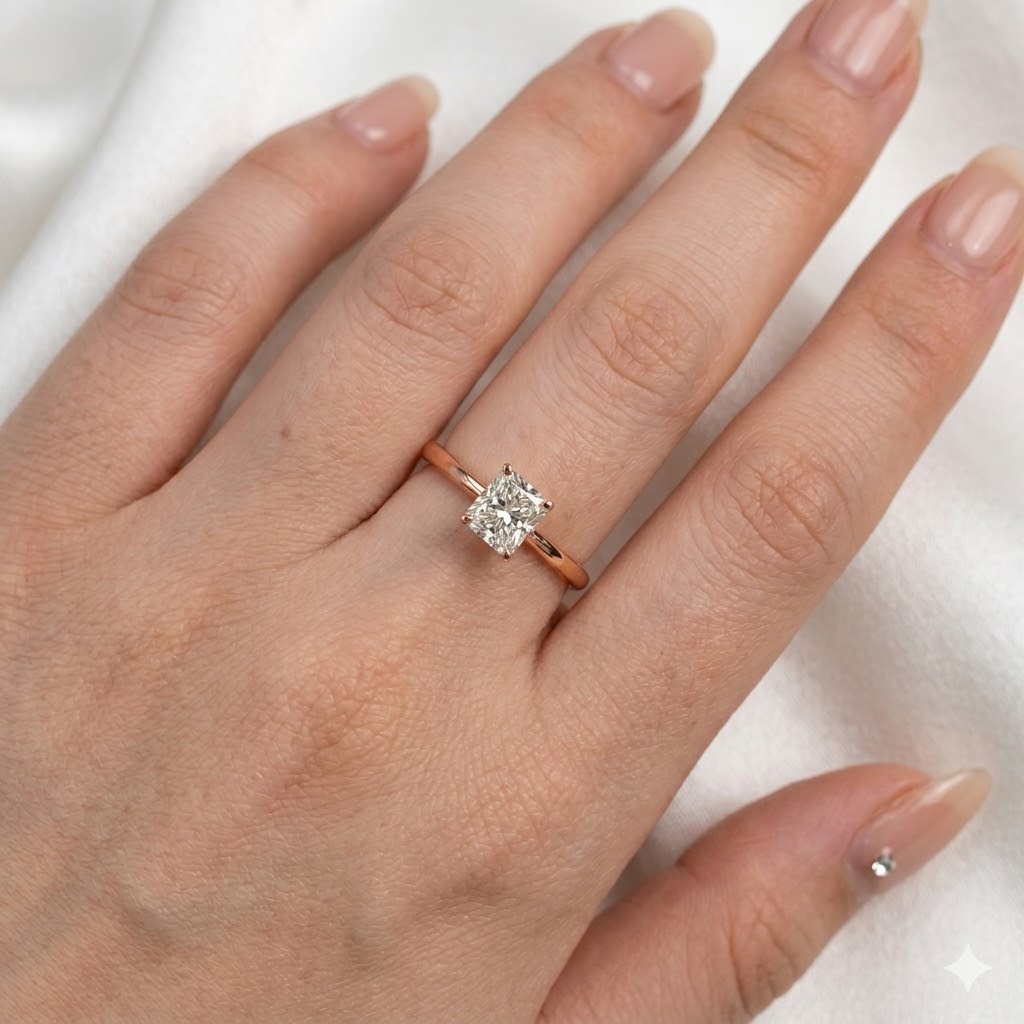 全新18K玫瑰金【單粒46份方形鑽石】4爪戒指