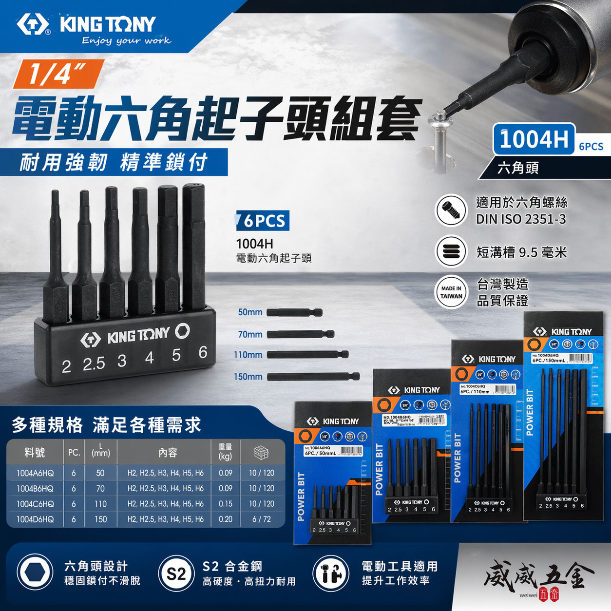 KING TONY 金統立｜六角柄六角起子頭｜6件式 1/4" 六角電動起子頭組｜1004H 六角型｜台灣製