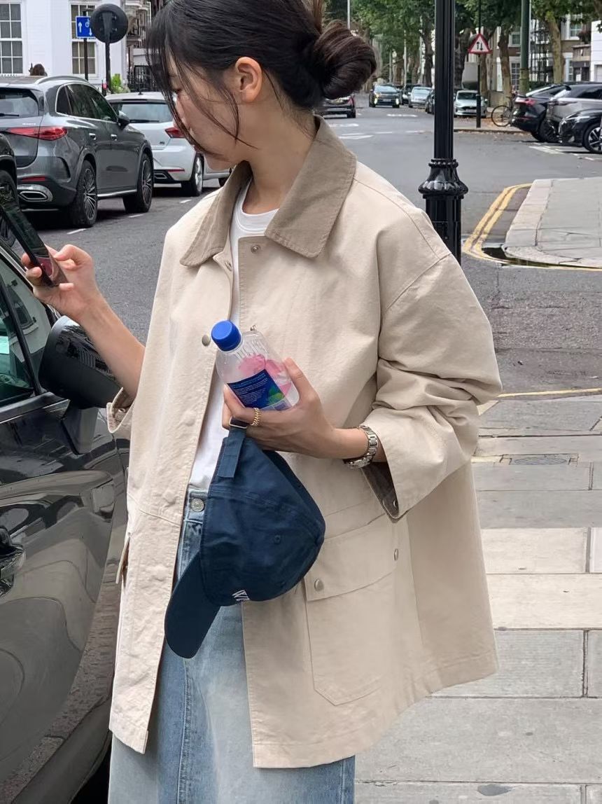 率性男友風~ 復古撞色翻領中長版風衣外套