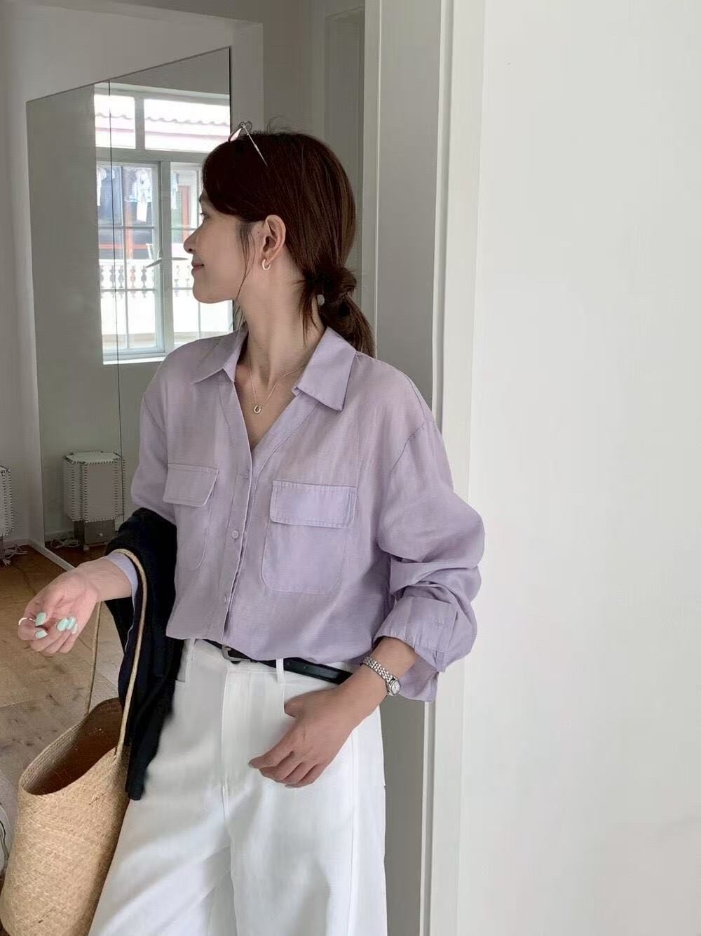 607 法式V領苧麻雙口袋襯衫