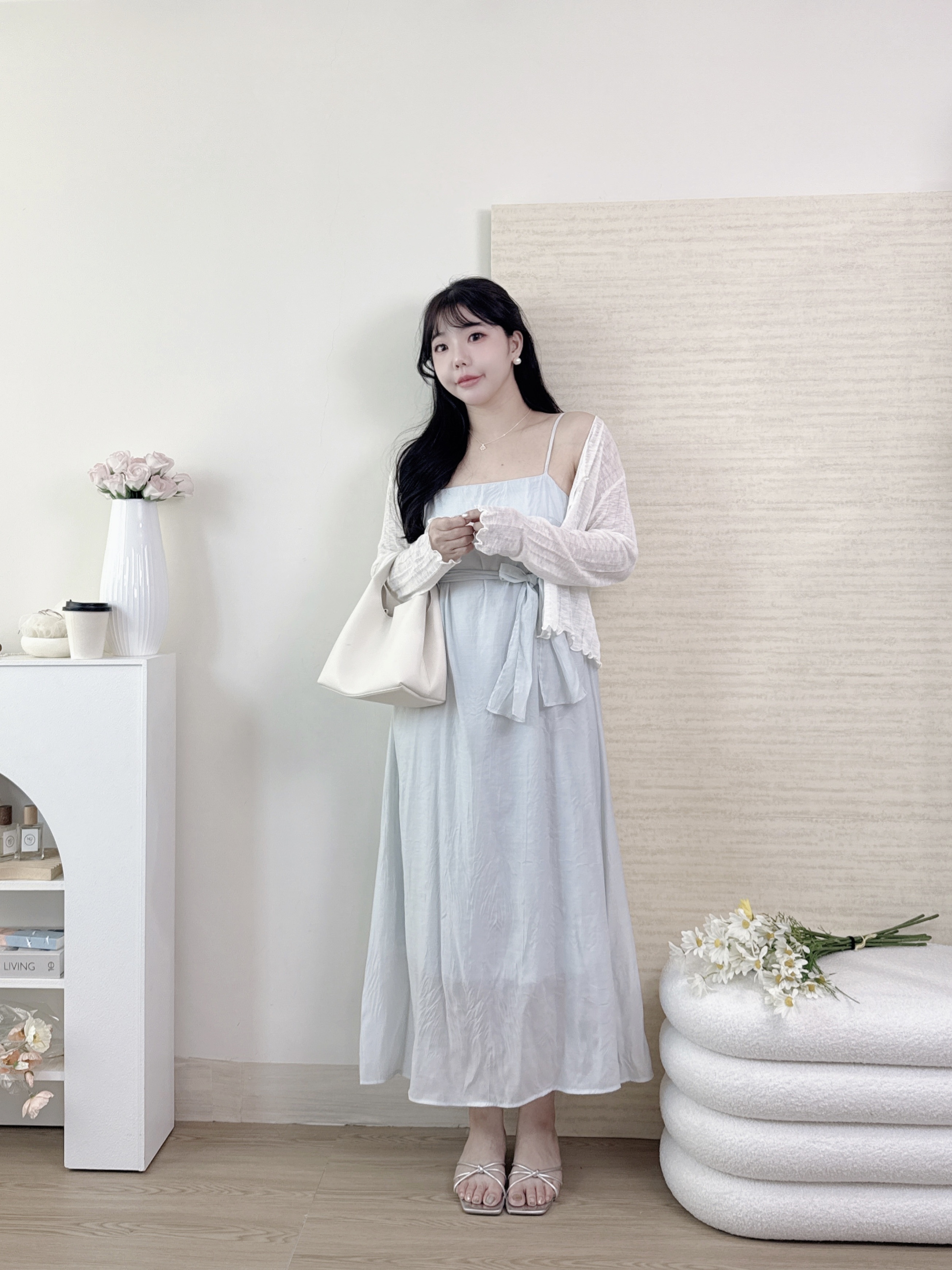 韓系簡約雪紡飄帶細肩洋裝 3色