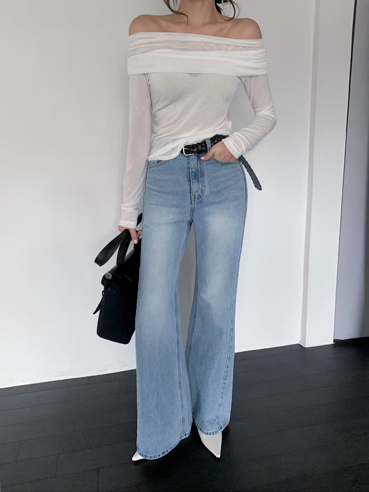 222 正韓側車縫經典闊腿牛仔褲