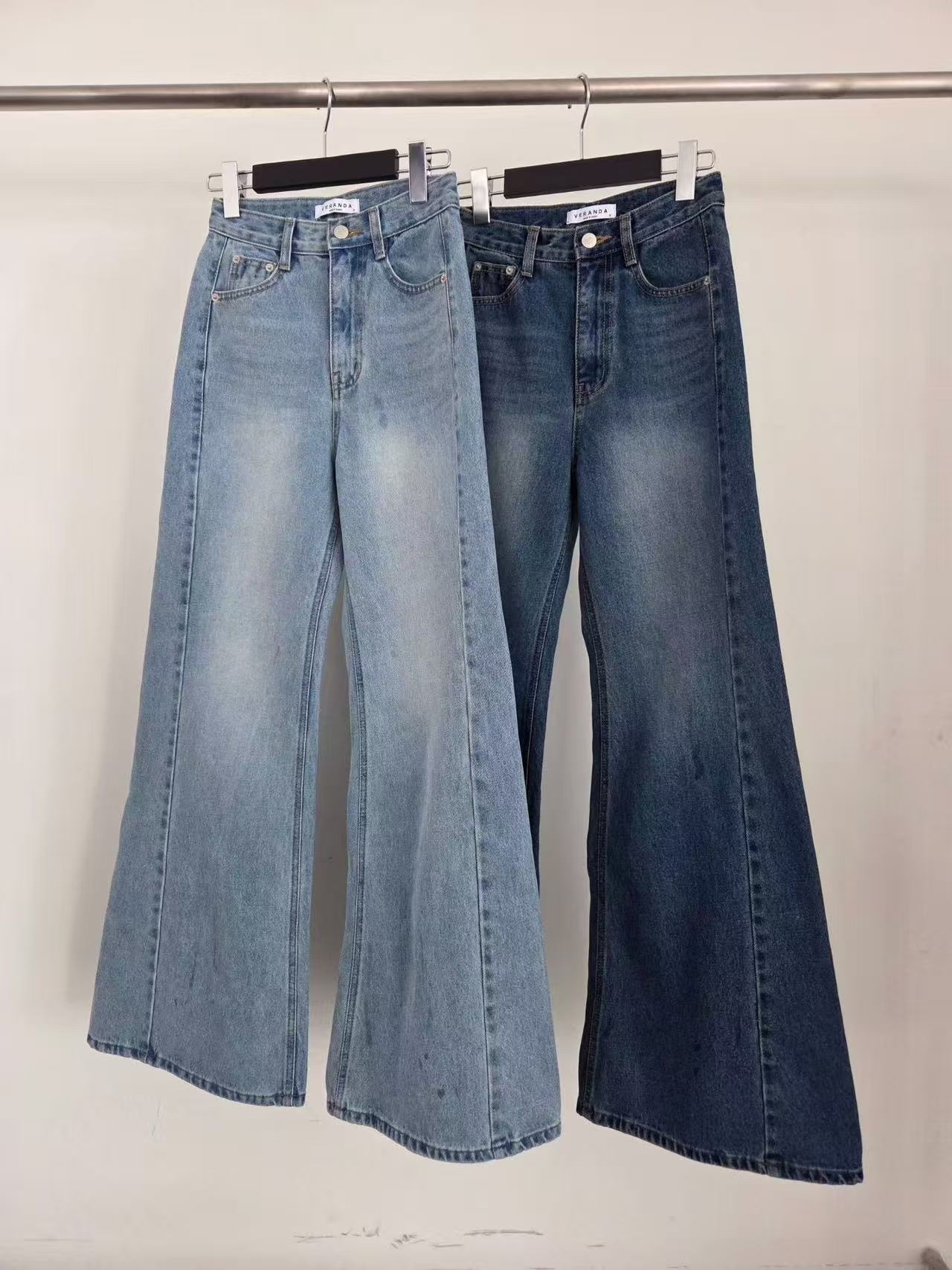 222 正韓側車縫經典闊腿牛仔褲