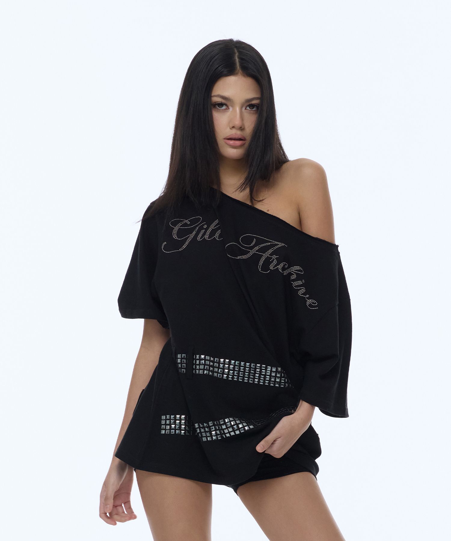 GILAARCHIVE 方釘綁帶單肩T恤 黑色 GL26SUTP12BK