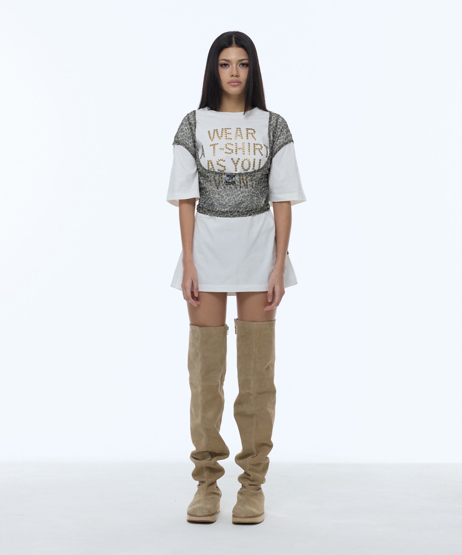 GILAARCHIVE 豹紋字母露背透膚短版上衣 GL26SUTP08BE