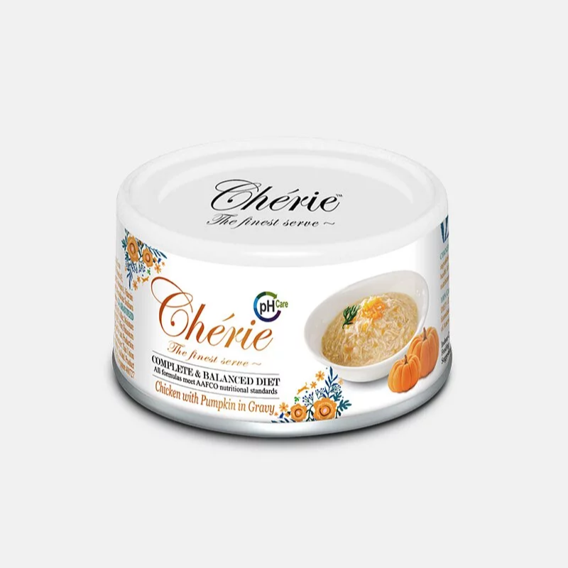 [斷貨中] Cherie 法麗 - 全營養主食肉絲罐系列 - (泌尿道保健) 雞肉南瓜 (白底黃字) 80g