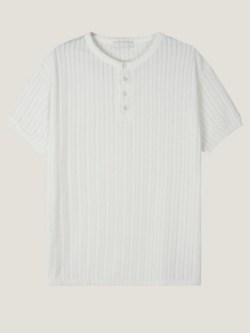 (韓潮獨家超甜價)按扣亨利領鏤空針織短袖上衣