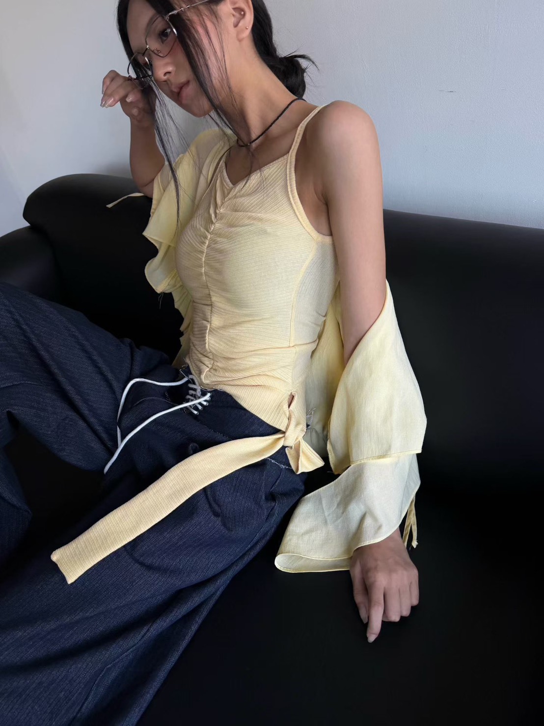 抓褶吊帶側綁長帶背心