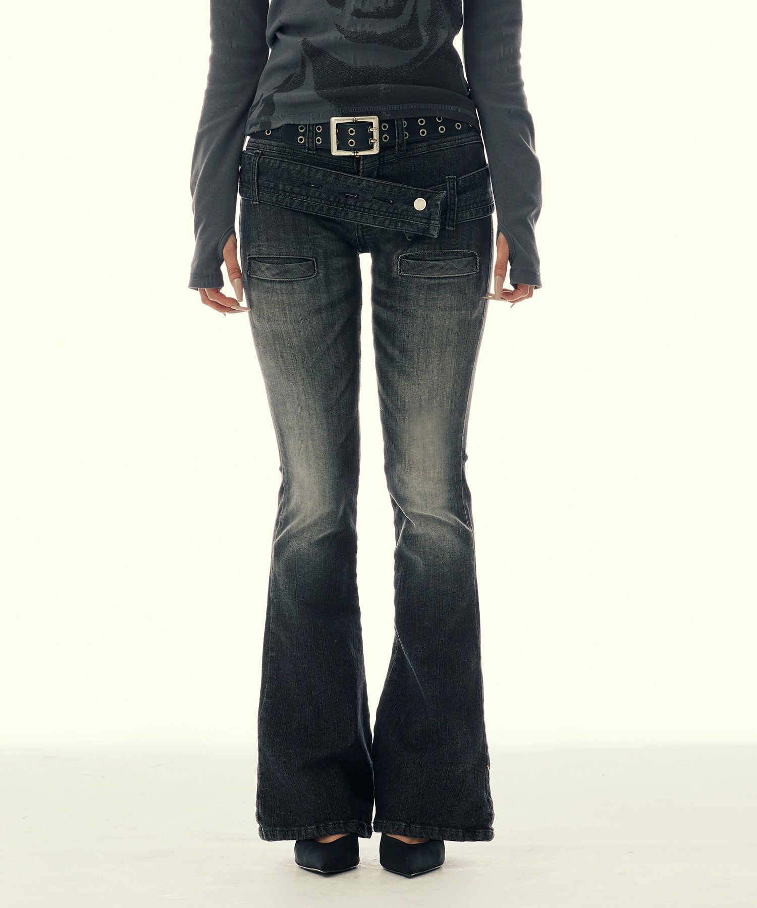 GILAARCHIVE 扭結皮帶 Bootcut 牛仔褲 黑色 GL26SPPT01BK