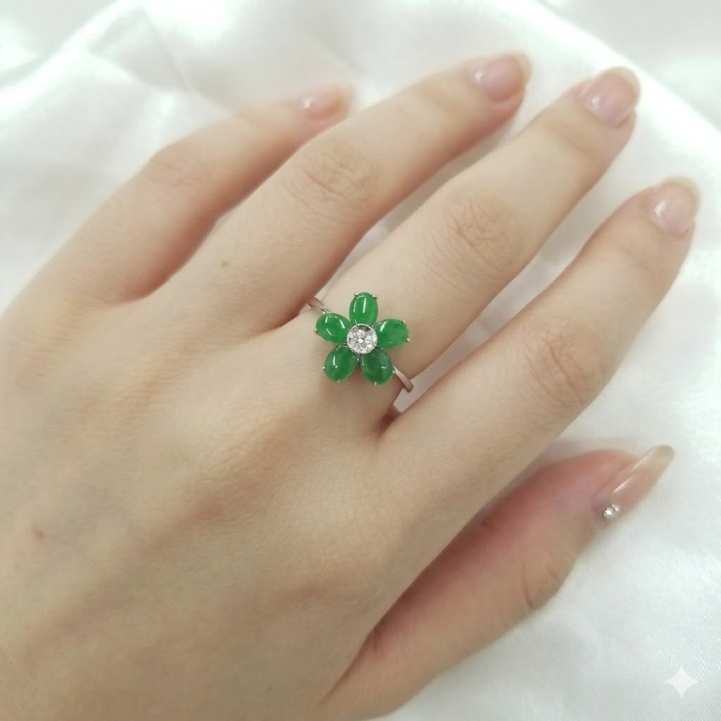 全新18K白金翡翠配3份鑽石戒指