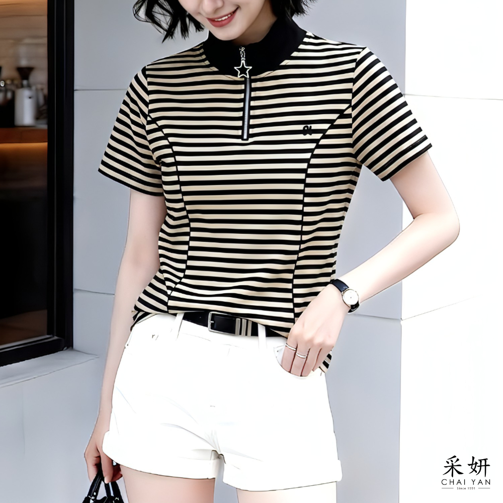 橫條開襟立領短袖上衣