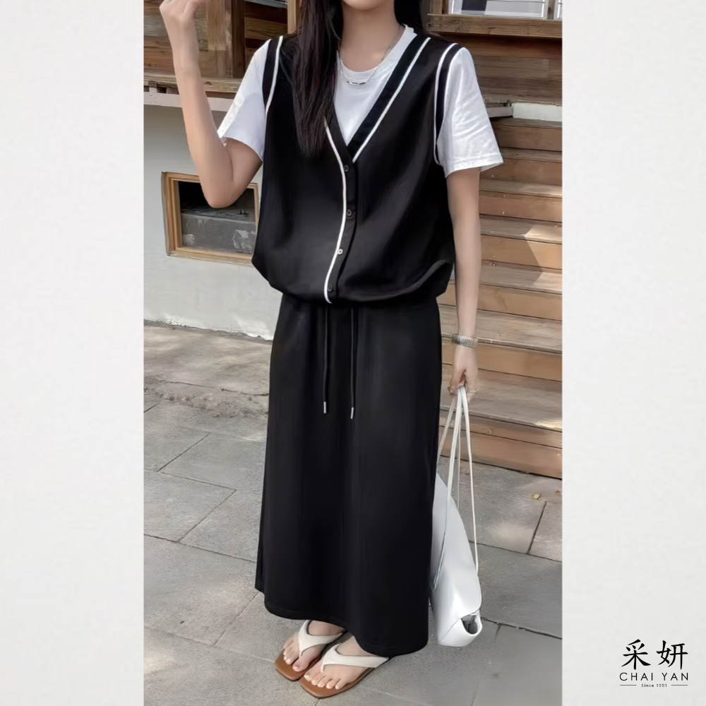 二件式 素面假兩件短袖中長裙套裝
