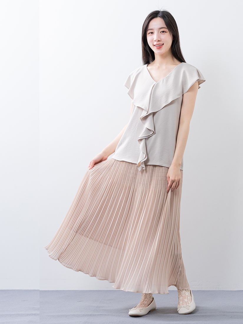 荷葉邊V領質感襯衫層次壓褶雪紡長裙組合