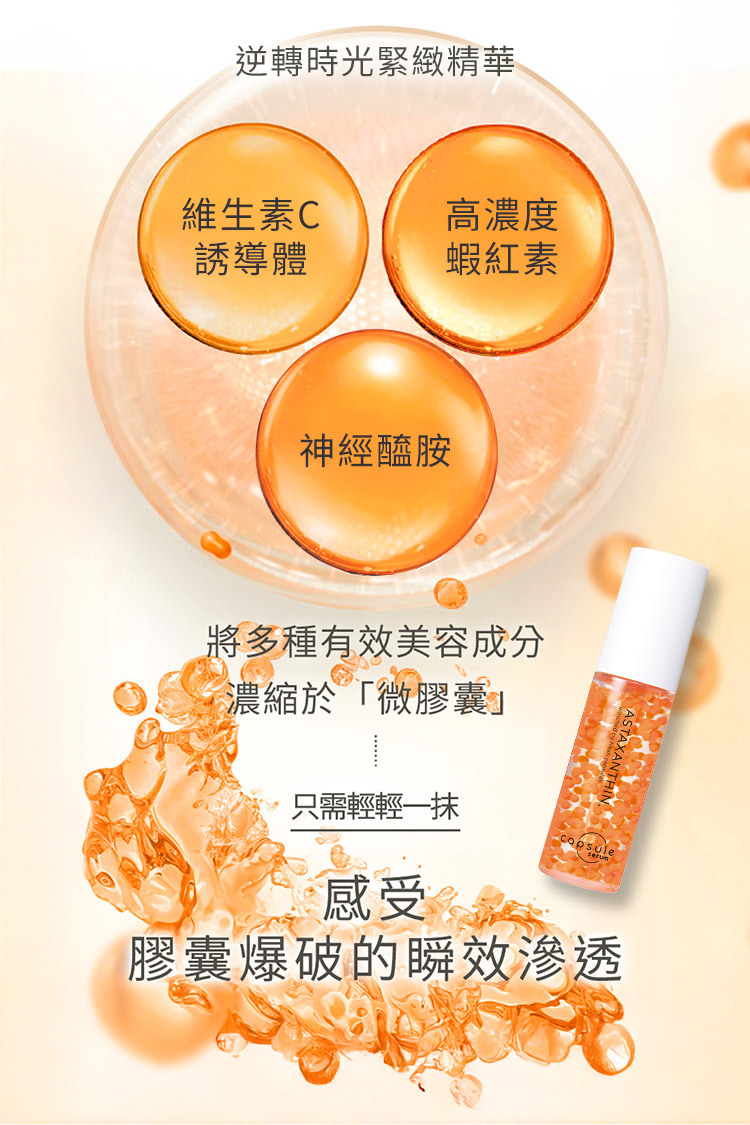 珂蓓思逆轉時光緊緻精華以橘色球體呈現神經醯胺與維他命C誘導體成分