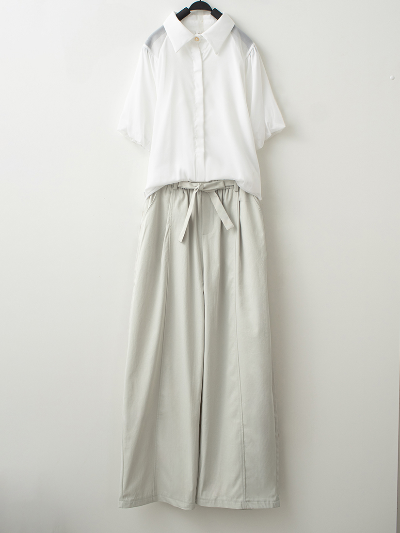 珍珠光花苞袖層次襯衫繭型修身寬褲組合