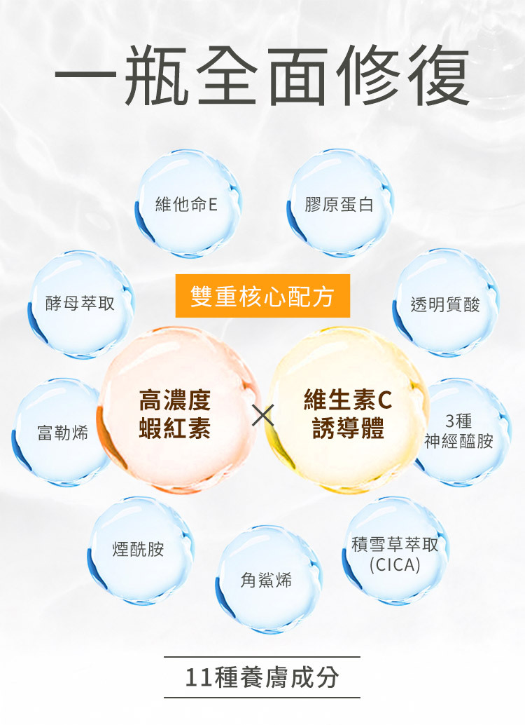 珂蓓思逆轉時光緊緻精華成分示意圖,含蝦紅素與維他命C誘導體等成分