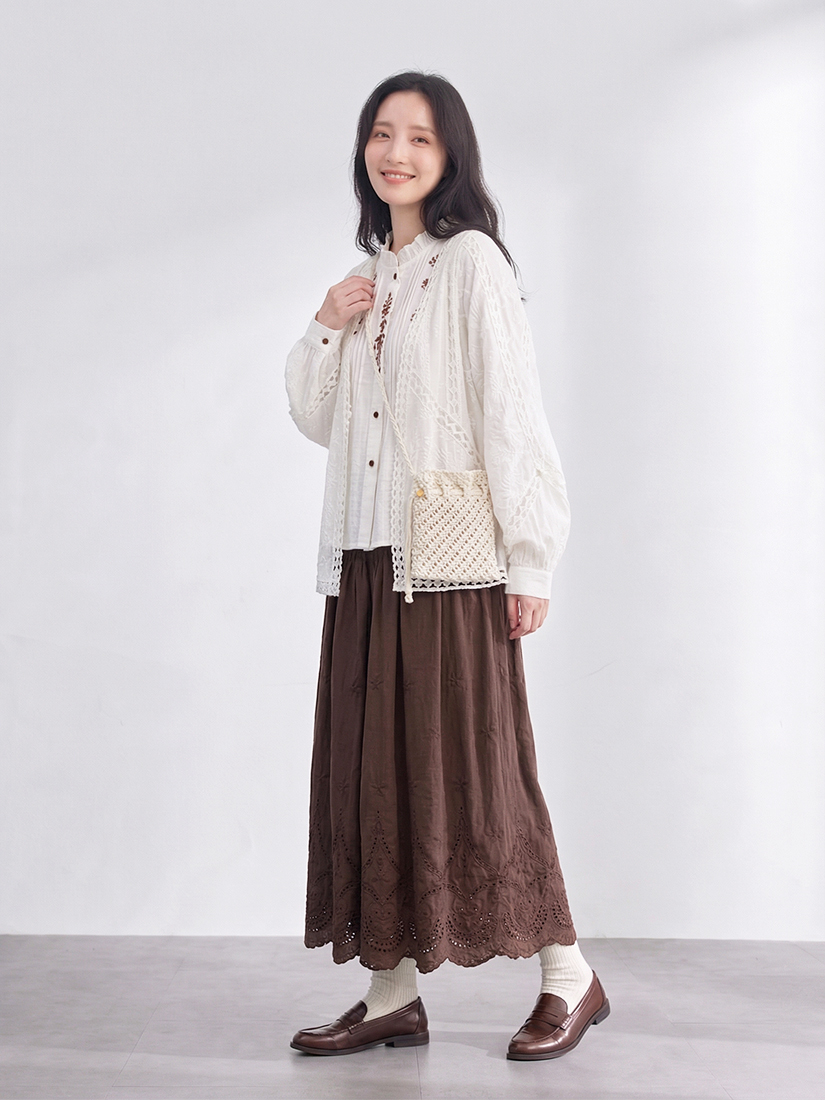 波西棉簍空罩衫荷葉小立領襯衫繡花純棉寬褲組合