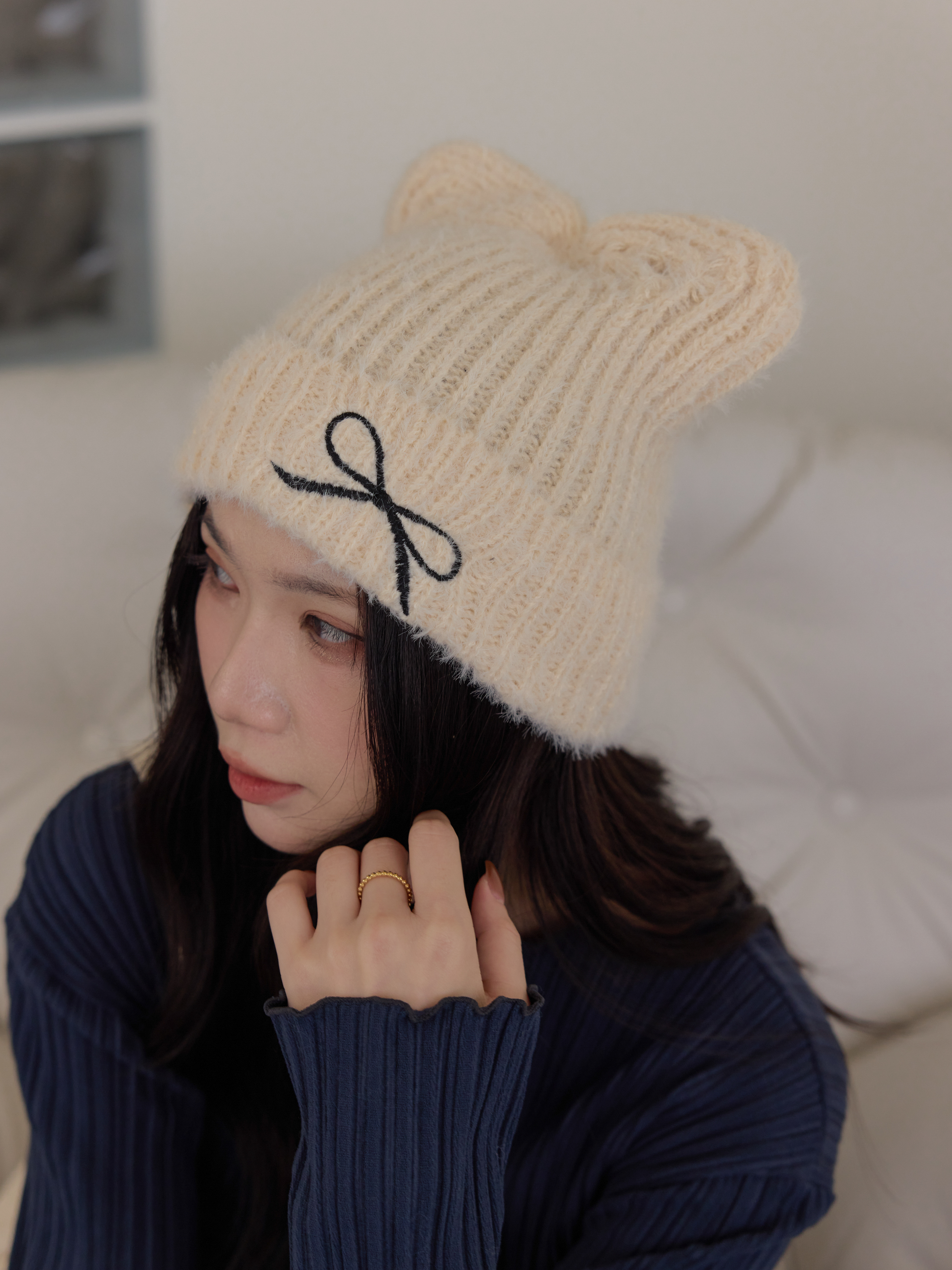 軟萌蝴蝶結雙耳毛帽