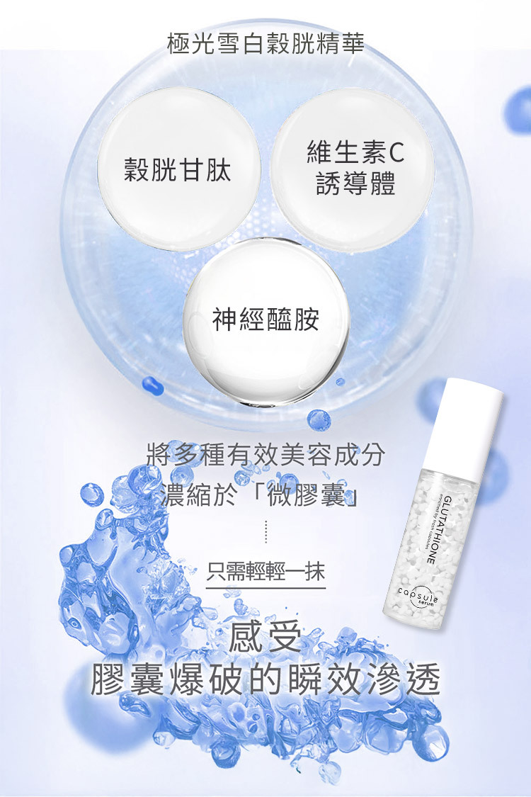 珂蓓思極光雪白穀胱精華精華以白色球體呈現神經醯胺與維他命C成分