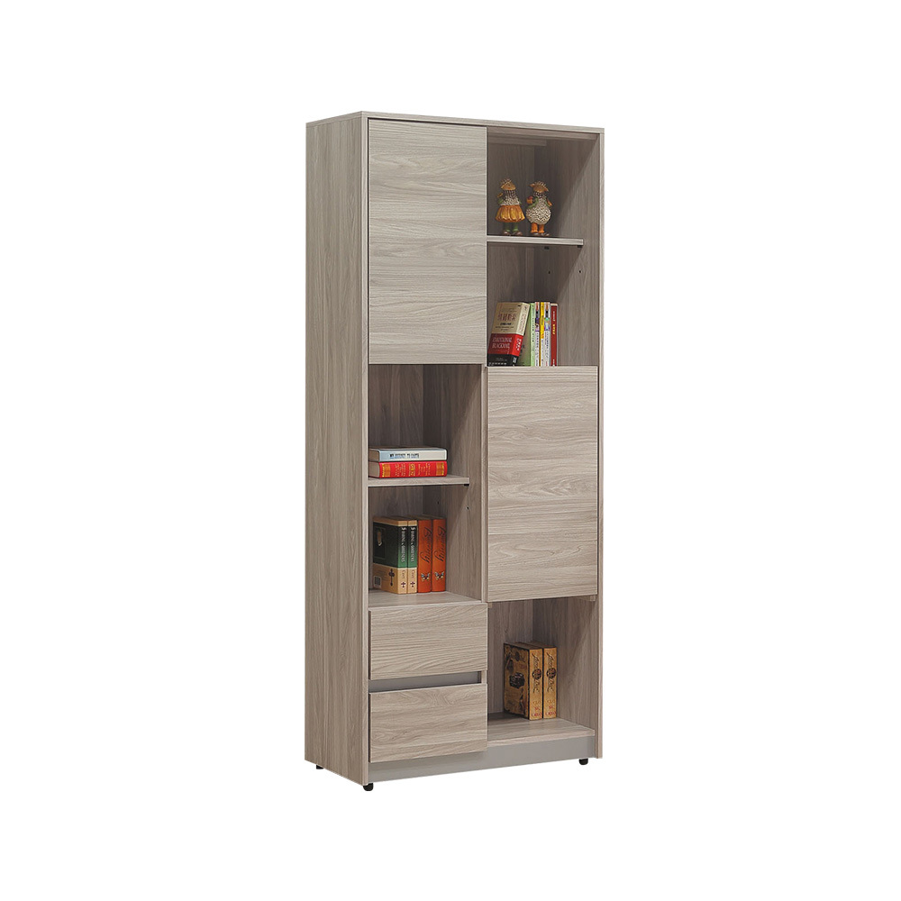 柏蒂家居-杰米2.7尺二門二抽半開放式書櫃/收納置物櫃/展示櫃