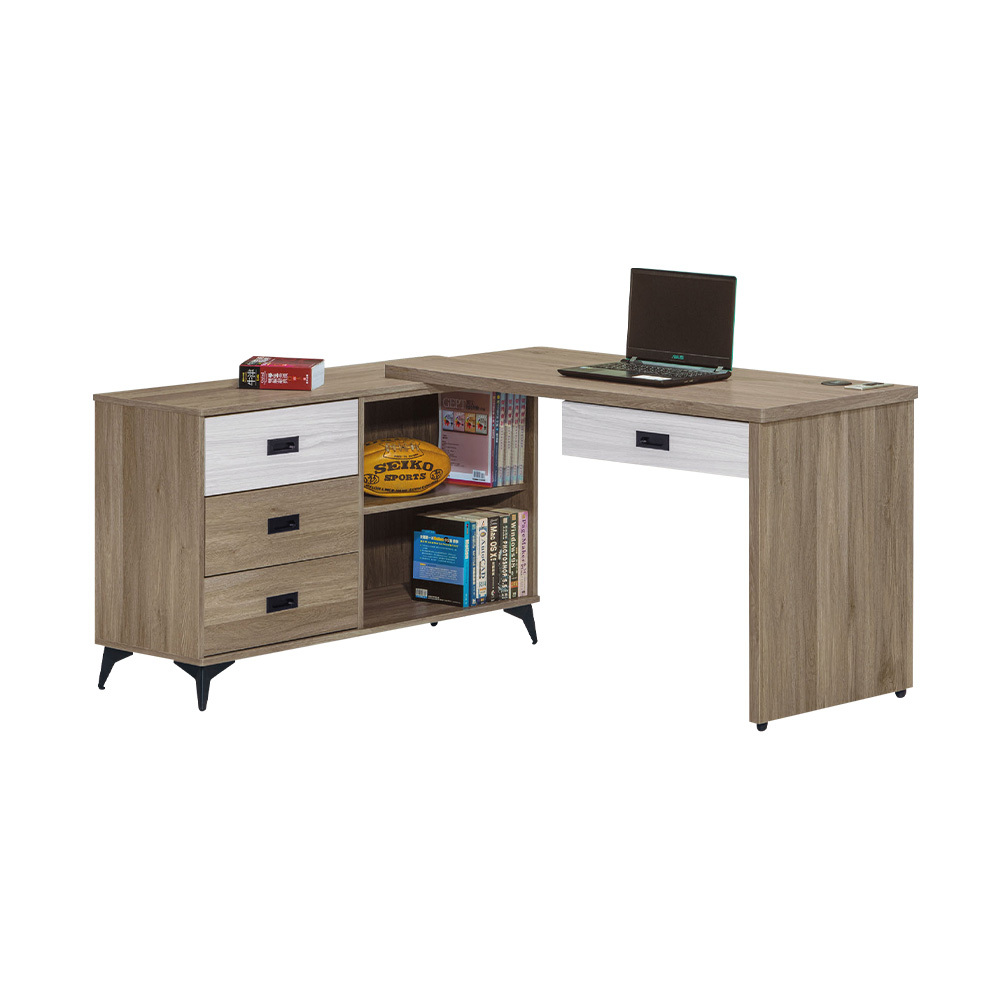 柏蒂家居-多利4.3尺多功能L型書桌/工作桌/辦公桌組合-桌面可左右擺放-灰橡色(伸縮書桌+開放式側邊櫃)