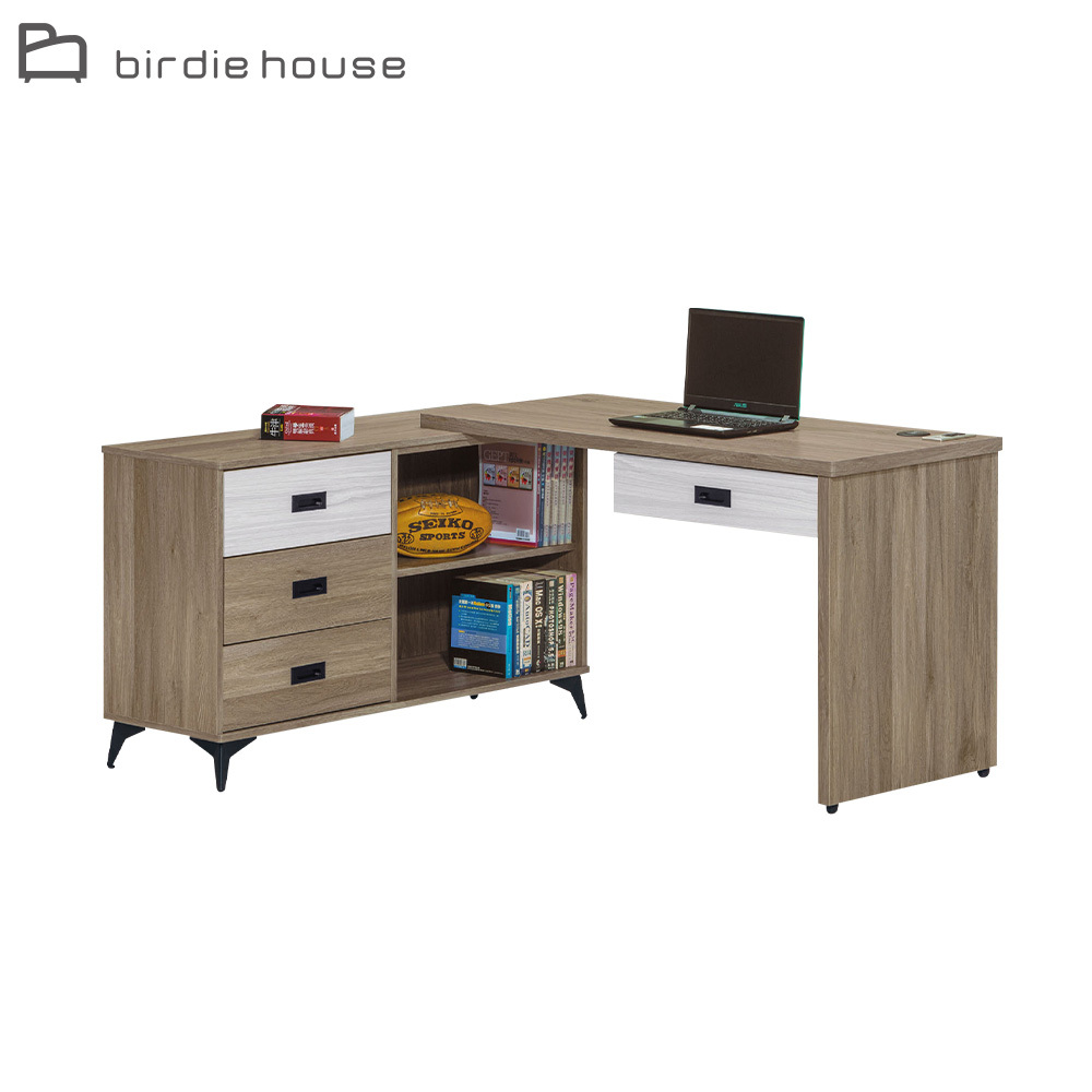 柏蒂家居-多利4.3尺多功能L型書桌/工作桌/辦公桌組合-桌面可左右擺放-灰橡色(伸縮書桌+開放式側邊櫃)