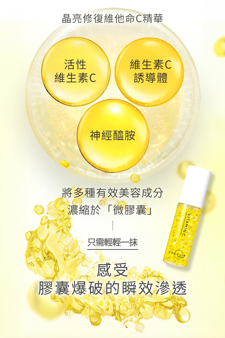 珂蓓思晶亮修復維他命C精華以黃色球體呈現神經醯胺與維他命C等成分