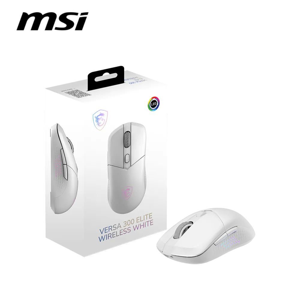 MSI 微星 VERSA 300 ELITE W WHITE 超輕量無線電競滑鼠 (65克/ 三模連線/ MAX26000DPI/ 鑽石燈影握把)