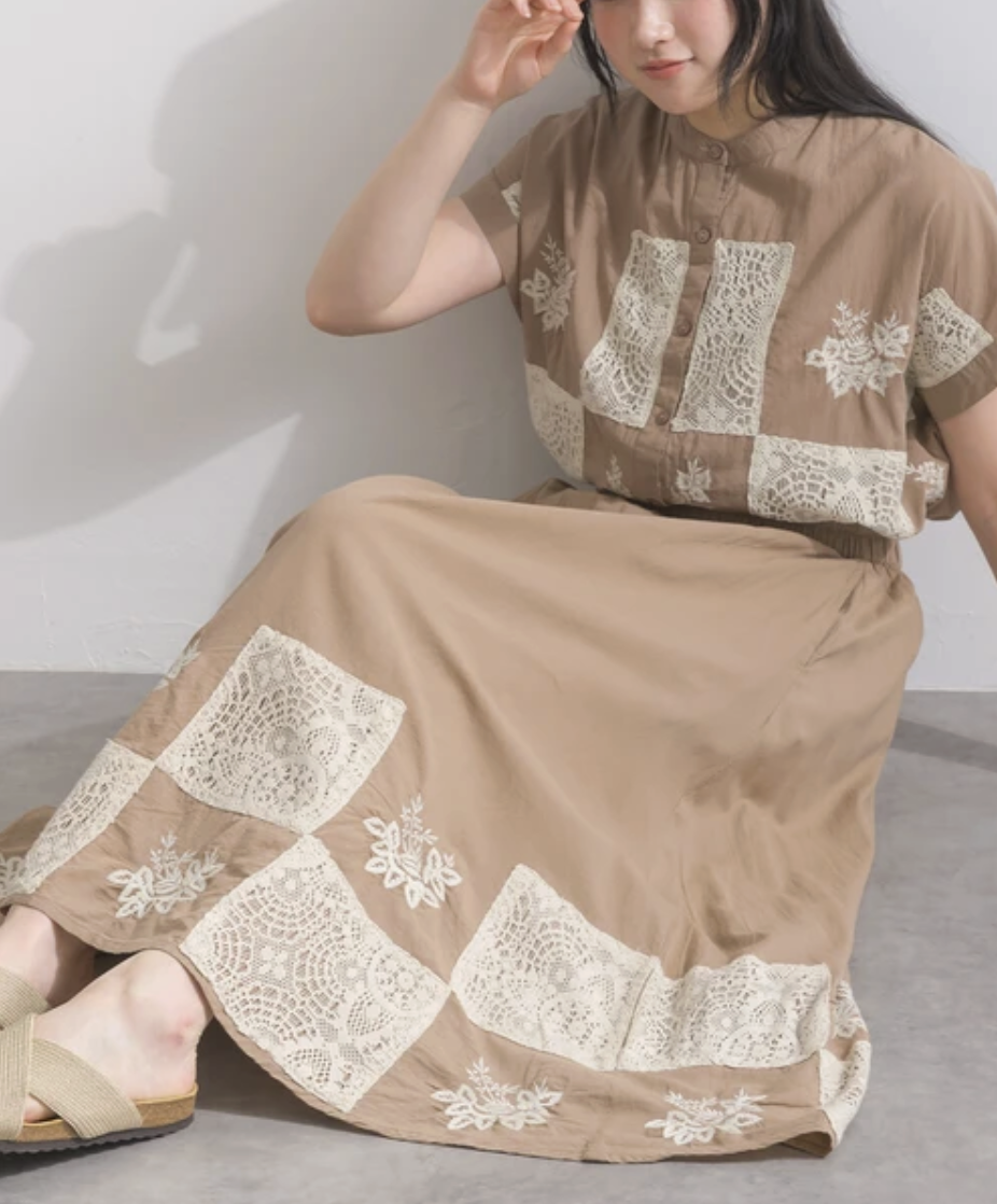 拼接蕾絲花卉刺繡長裙（3色入）【日本直送】