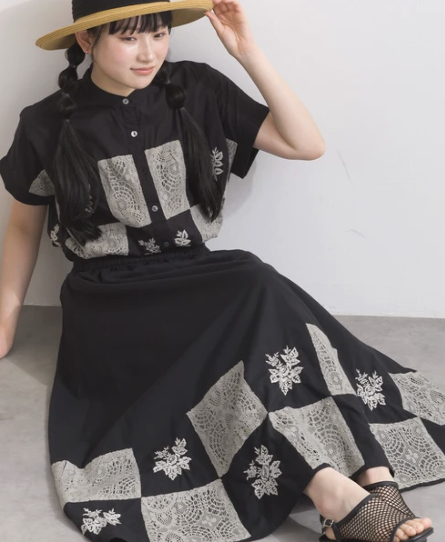 ｛預訂款｝拼接蕾絲花卉刺繡長裙（3色入）【日本直送】