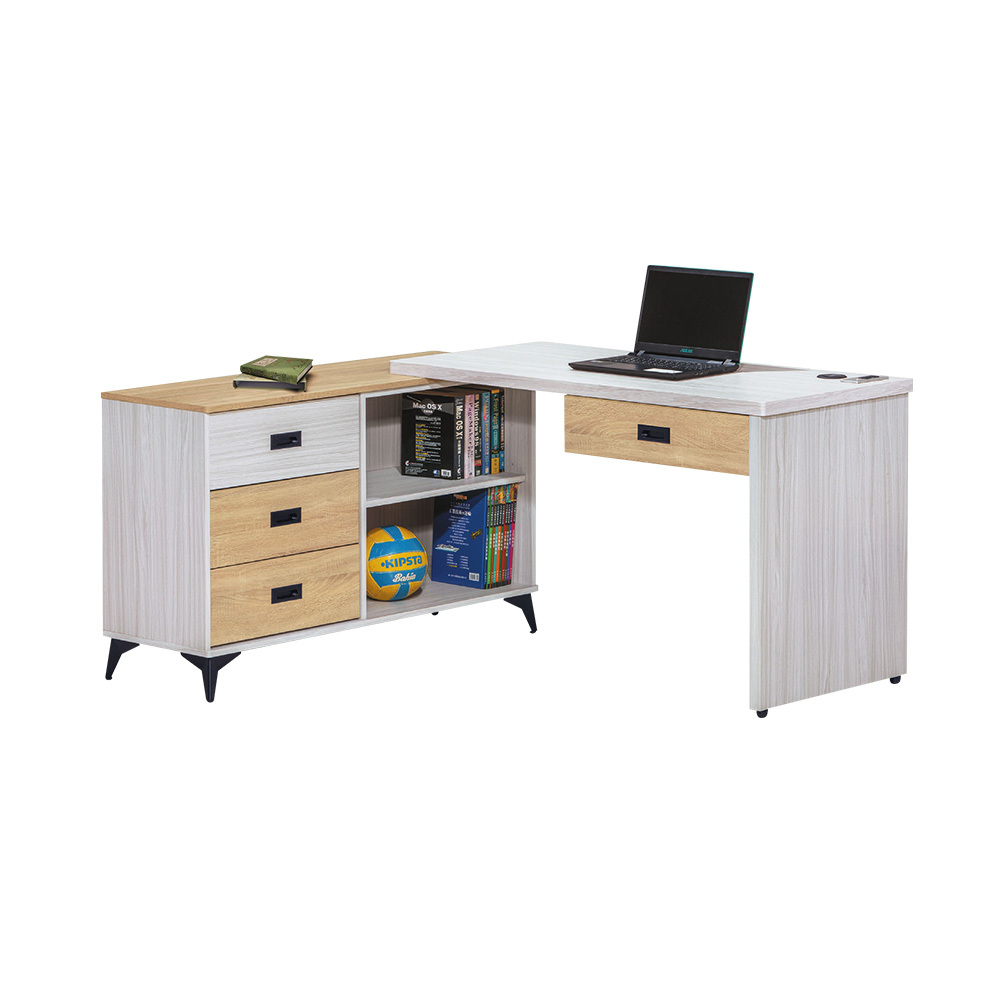 柏蒂家居-多利4.3尺多功能L型書桌/工作桌/辦公桌組合-桌面可左右擺放-雪衫色(伸縮書桌+開放式側邊櫃)