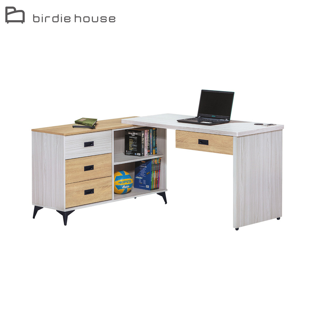 柏蒂家居-多利4.3尺多功能L型書桌/工作桌/辦公桌組合-桌面可左右擺放-雪衫色(伸縮書桌+開放式側邊櫃)
