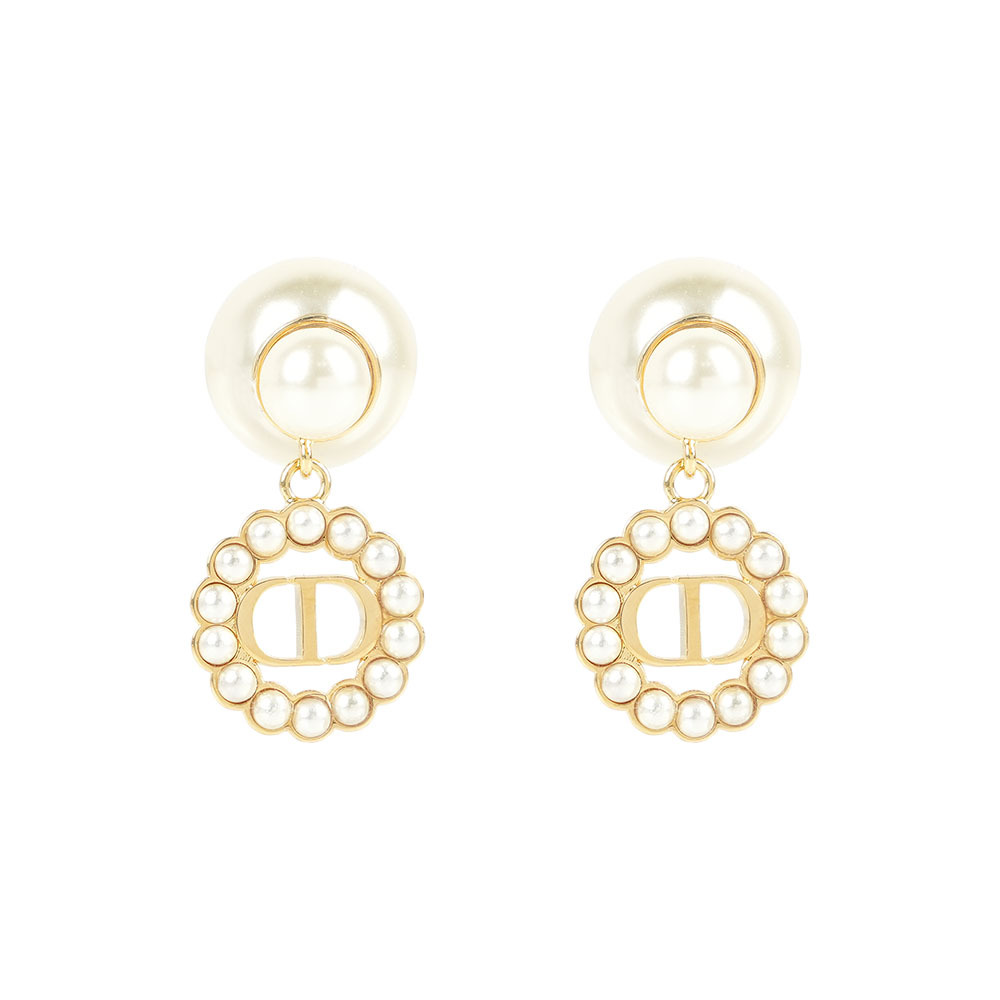 【CHRISTIAN DIOR】Tribales 度假系列垂墜珍珠耳環(白色/金色)