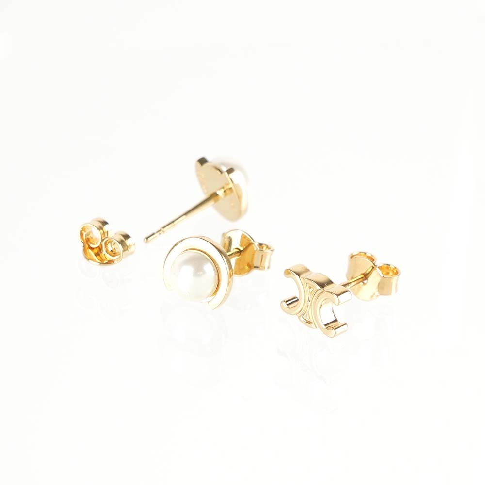 【CÉLINE】Triomphe 凱旋標誌及樹脂珍珠三件組耳環(金色/象牙白)