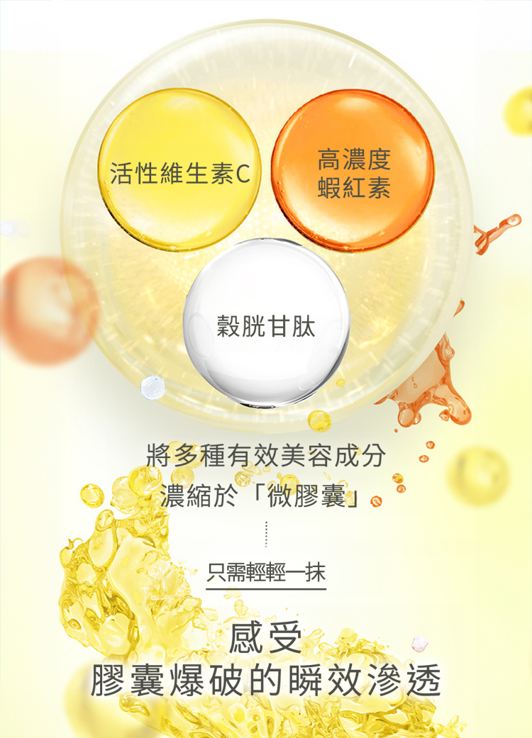 珂蓓思全方位保養組合，以球體呈現蝦紅素、穀胱甘肽與維他命C三款精華核心成分示意圖