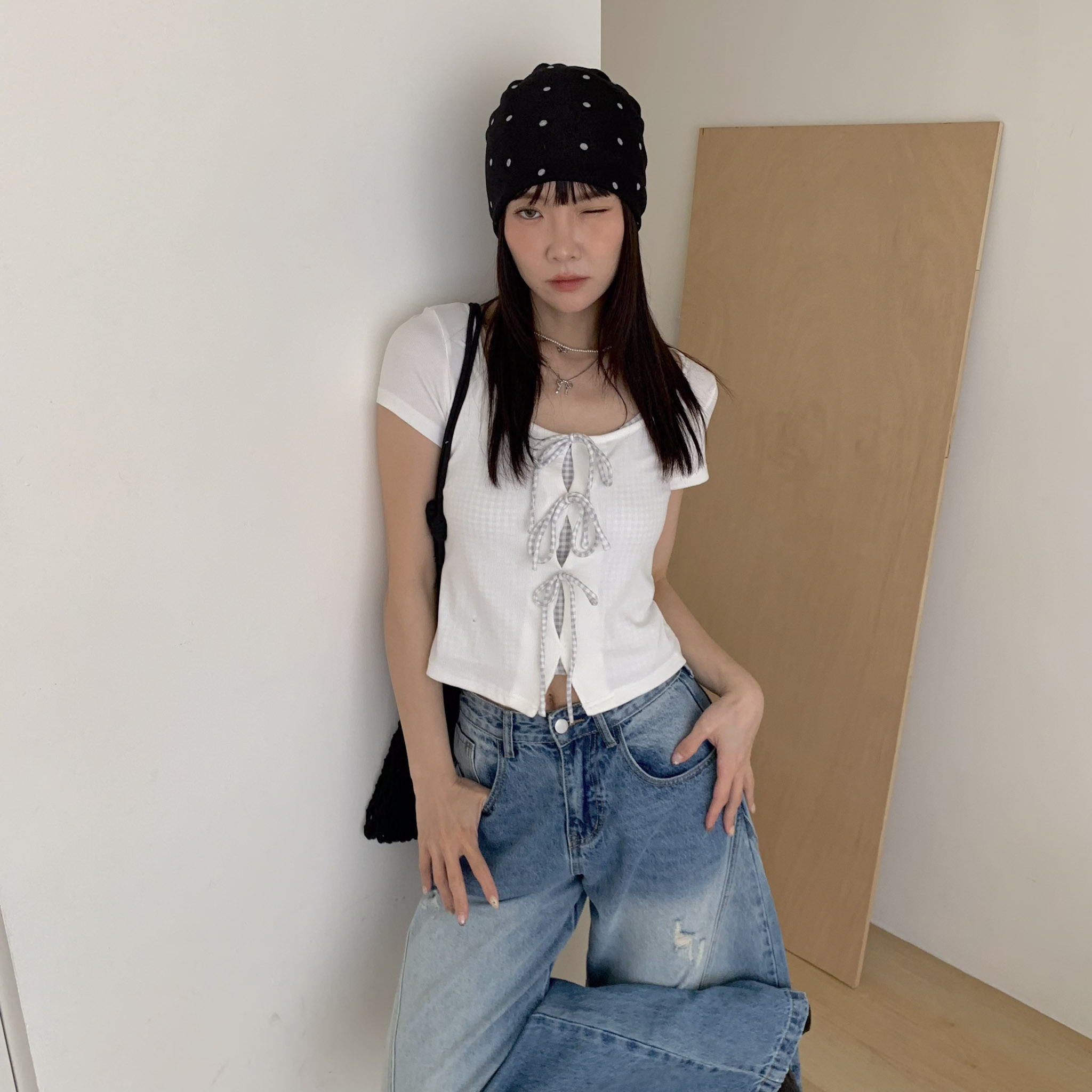 ISA_Lazy Chic 不費力假兩件格紋繞脖上衣_63070